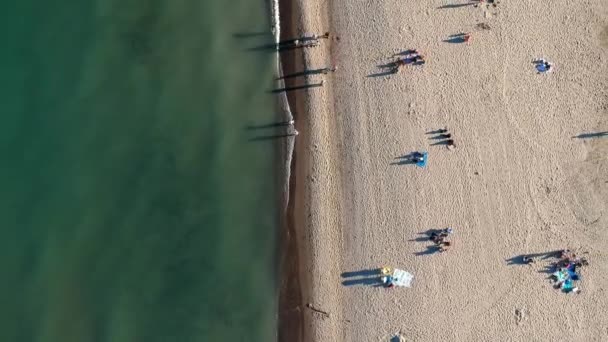 Luftaufnahme Vom Sandstrand Mit Touristen Die Schönen Grünen Wasser Schwimmen — Stockvideo