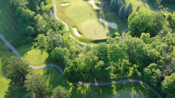 Golfplatz Mit Zwei Spielern Abend Vogelperspektive Vom Himmel Luftaufnahmen Von — Stockvideo