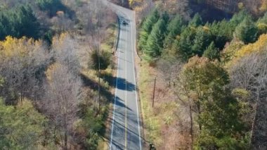 Üstten Görünüm asfalt yol ve geçen arabaların ormanın içinde. Amerikan Güz sezon doğa çok parlak güneşli bir günde.