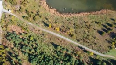 Hava dron görüntüleri görünümü sonbahar ormanlar ve bataklık, çayırlar ve güneşli sabah tepelerde üzerinde uçuş.