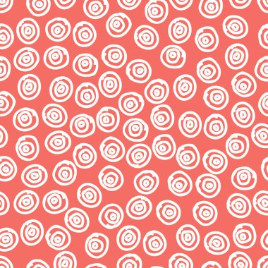 Dikişsiz desen arka planda 2019 yılın moda rengi, Mercan rengi, sonsuz el çizimi soyut doodle noktalar veya daire, oval, kabarcıklar veya kar, bu yıl. Vektör.