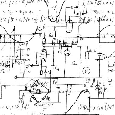 Scientific seamless texture with handwritten formulas and electronic components. Physics and schematic diagram and circuit of  the devices. Vector. 