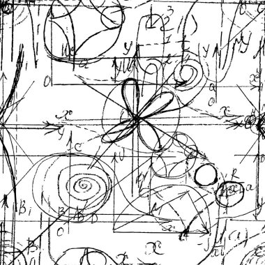 El yazısıyla yazılmış matematik, cebir ve geometri formülleri ve grafikleri, fonksiyonları, hesaplamaları ve işlemleri olan matematiksel dikişsiz doku. Vektör.
