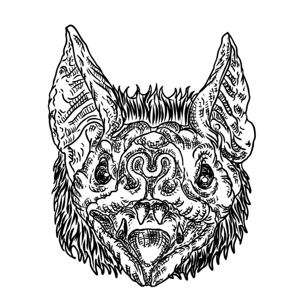 バットの頭や顔を描きます ハロウィンのモンスターのゴシック様式例 魔法魔法オカルト属性 装飾的な要素です 夜の生き物の図面 — ストックベクタ