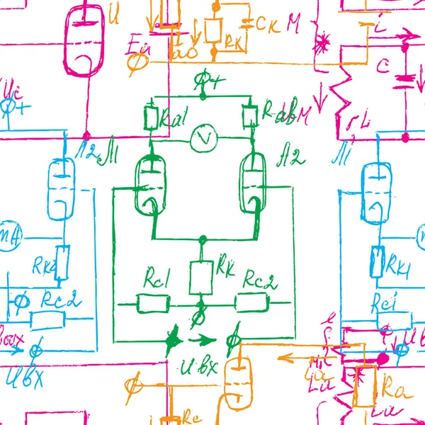 El yazısı fiziksel ve matematiksel formüller, elektronik bileşenler, Şematik diyagramı ve cihazların devre ile bilimsel sorunsuz arka plan. Elektrikçi desen. Vektör. 