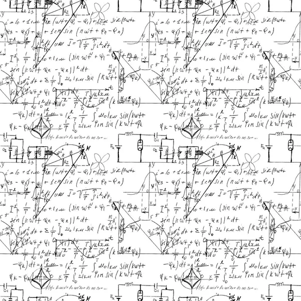 Wiskundige Naadloze Textuur Met Handgeschreven Wiskunde Algebra Meetkunde Formules Grafieken — Stockvector