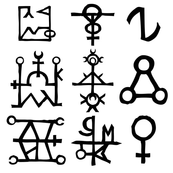 Conjunto Iconos Símbolos Letras Inspiradas Tema Magia Brujería Oculta Alquimia — Archivo Imágenes Vectoriales