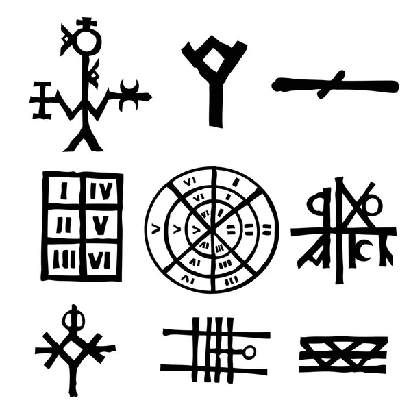 Futhark Isla Nórdica Conjunto Símbolos Vikingos Letras Mágicas Imaginarias Mano — Vector de stock