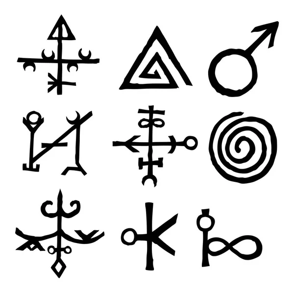 Satz Von Geschriebenen Symbolen Und Buchstaben Inspiriert Von Magischen Inschriften — Stockvektor