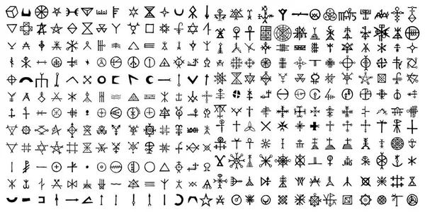 Large Set Alchemical Symbols Isolated White Background Hand Drawn Written — Stock Vector