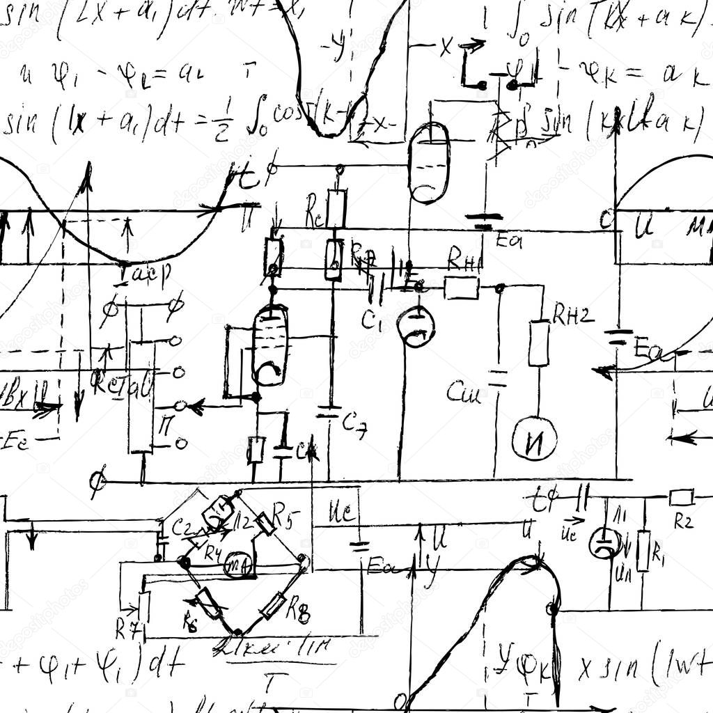 Scientific seamless texture with handwritten formulas and electronic components. Physics and schematic diagram and circuit of  the devices. Vector. 