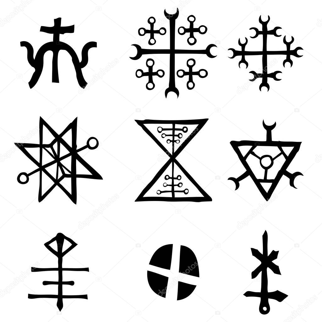Futhark Norse island and Viking symbol set. Imaginary magic letters in hand drawing and writing symbols. Inspired by ancient Iceland and ethnic Norse Viking. Vector 