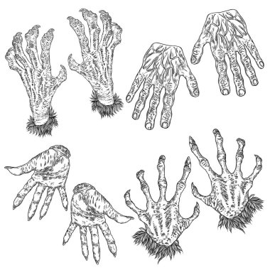 Çizimler oyma Halloween canavar el sirti, kurt adam, wi ayarla.