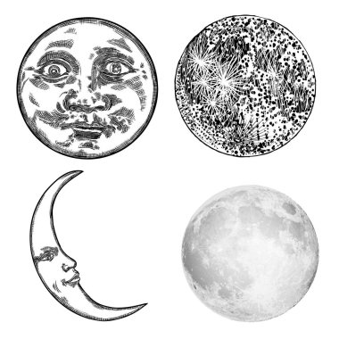 Ayın yüzeyi veya anthropomorp gibi insan el çizilmiş kroki kümesi