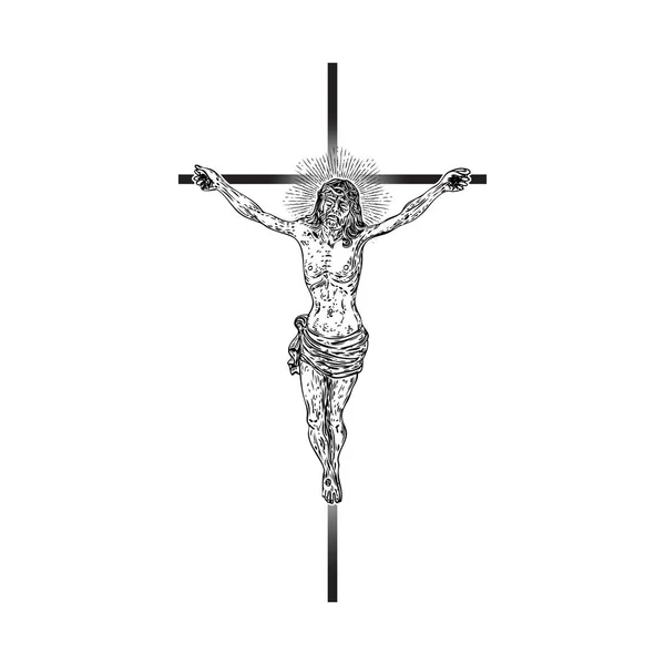Jesus Kristus på korset med strålar av halo ljus och balkar, sym — Stock vektor