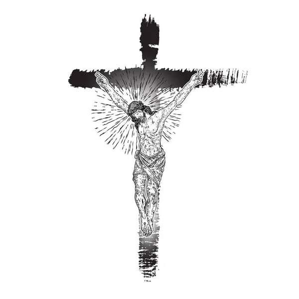 Jesus on the cross. Hand painted with real ink brush, grunge Chr — Stock Vector