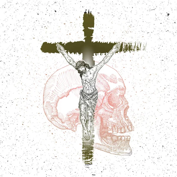 두개골, 성자의 상징의 그림을 가진 예수 그리스도 십자가. — 스톡 벡터