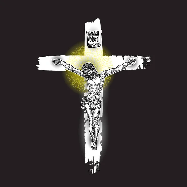 Jesucristo crucifixión pintada a mano pincel de tinta cruz en blac — Vector de stock