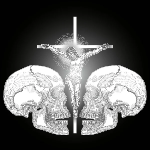 Jesucristo crucifixión con dibujo de calaveras, símbolo de santo — Vector de stock