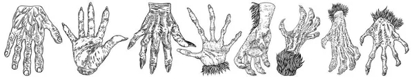 Gravure main monstre ensemble, zombie, loup-garou, dragon ou vampire — Image vectorielle