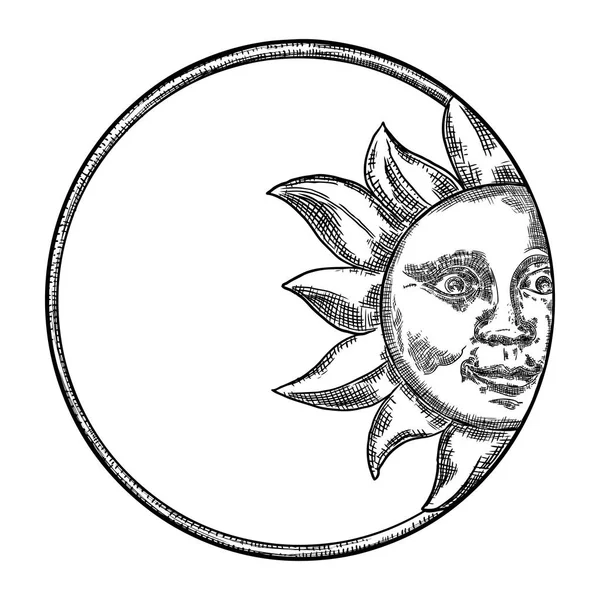 Sol de estilo antiguo dibujado a mano con cara de humano como. Anthro. — Vector de stock