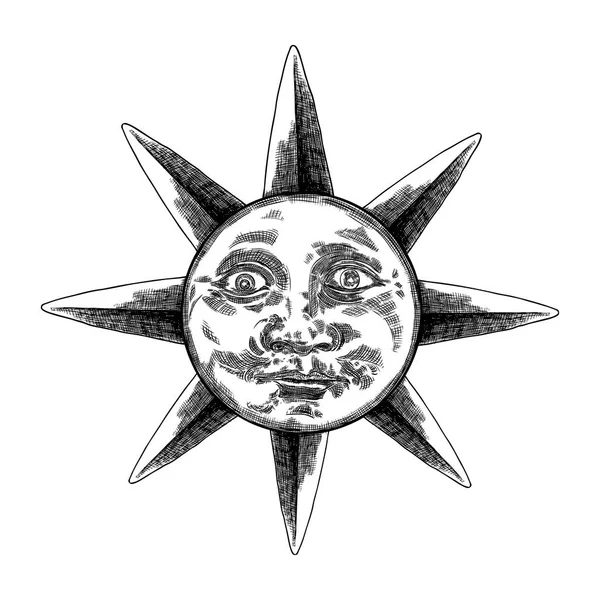 Схід сонця гравюрна ілюстрація. Вінтажне вигравіруване сонце з обличчям — стоковий вектор