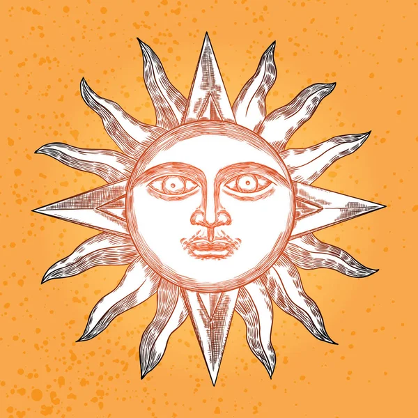 Sunrise engraving illustration. Vintage engraved sun with face o — Stock Vector