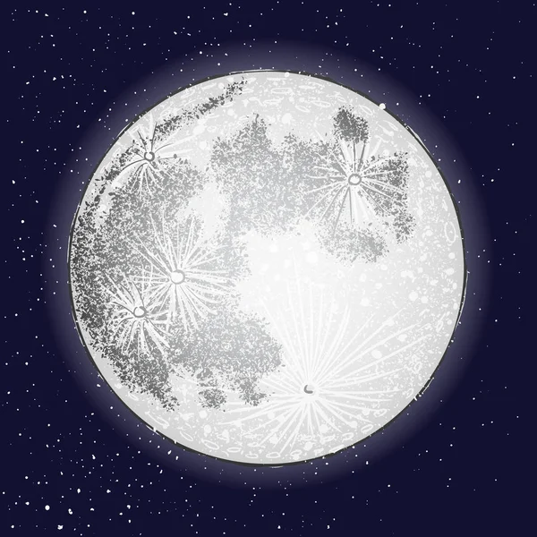 Luna dibujada a mano brillante sobre fondo espacial azul oscuro en el cosmos o — Vector de stock