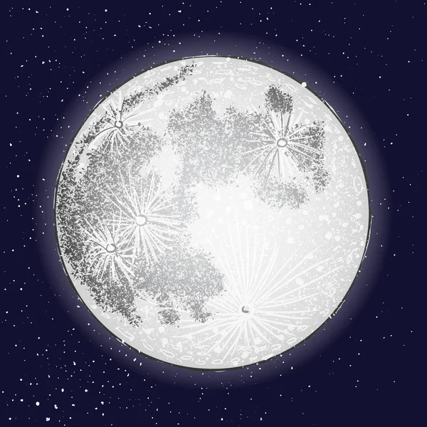 Lune dessinée à la main brillant sur fond d'espace bleu foncé dans le cosmos ou — Image vectorielle