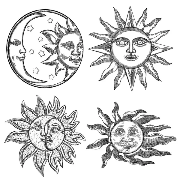 Uppsättning av handritade konst solen och månskära med mänskligt ansikte. FLA — Stock vektor
