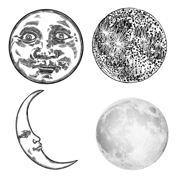 Conjunto de boceto dibujado a mano de la luna humana como cara o antropomorpo — Archivo Imágenes Vectoriales