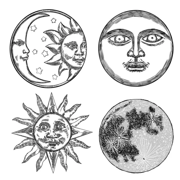Conjunto de estilo de luna llena realista y cara humana como media luna, s — Archivo Imágenes Vectoriales