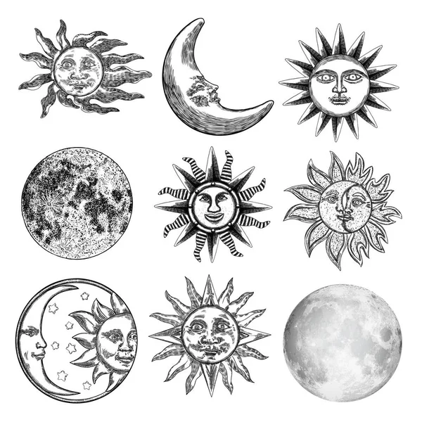 Μεγάλη σειρά από διαφορετικά στυλ φεγγάρι και τον ήλιο. Συρμένο χέρι σκίτσο του — Διανυσματικό Αρχείο