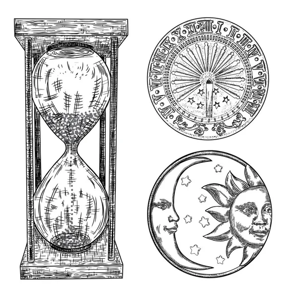 Conjunto de relógio de sol, relógio de sol, ampulheta ou relógio de areia e lua cres —  Vetores de Stock