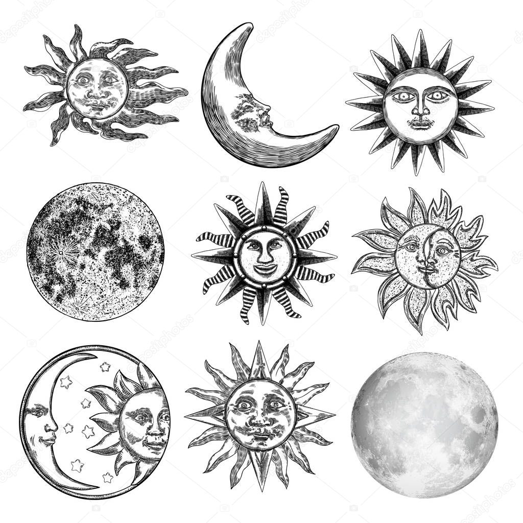 Large set of different moon and sun styles. Hand drawn sketch of