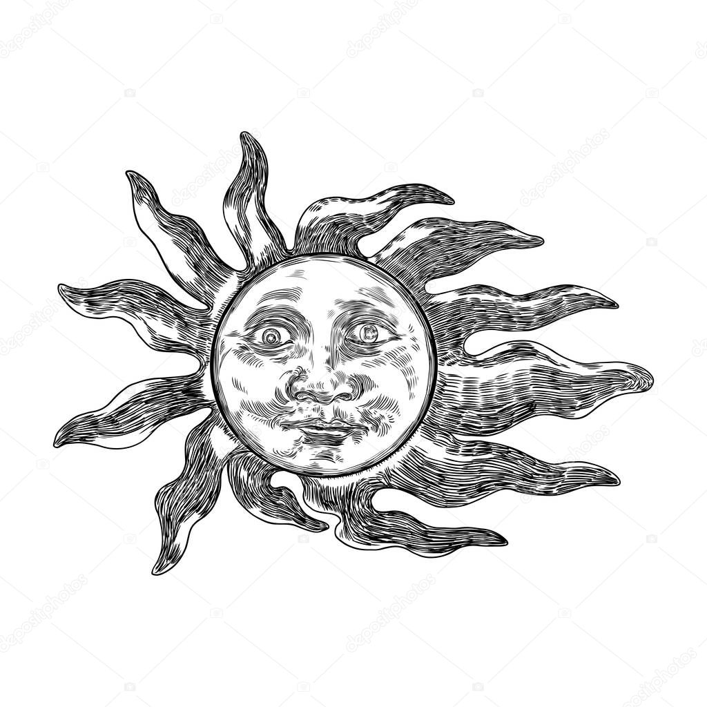 Hand drawn antique style sun with face of the human like. Anthro