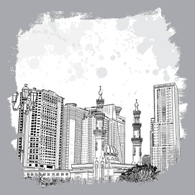 Dubai Yat Limanı içinde gökdelenler ile el çizilmiş kroki Camii 