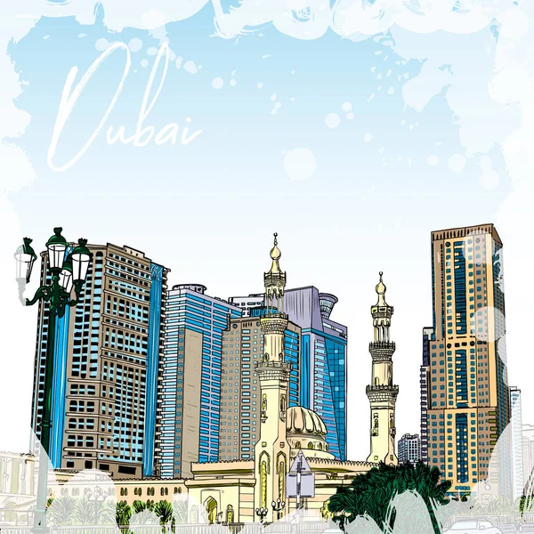 Dubai Marina district Mosque, hand drawn sketch with watercolor — Stock Vector