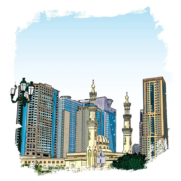 Dubai Marina District Moschee, handgezeichnete Skizze mit Aquarell — Stockvektor