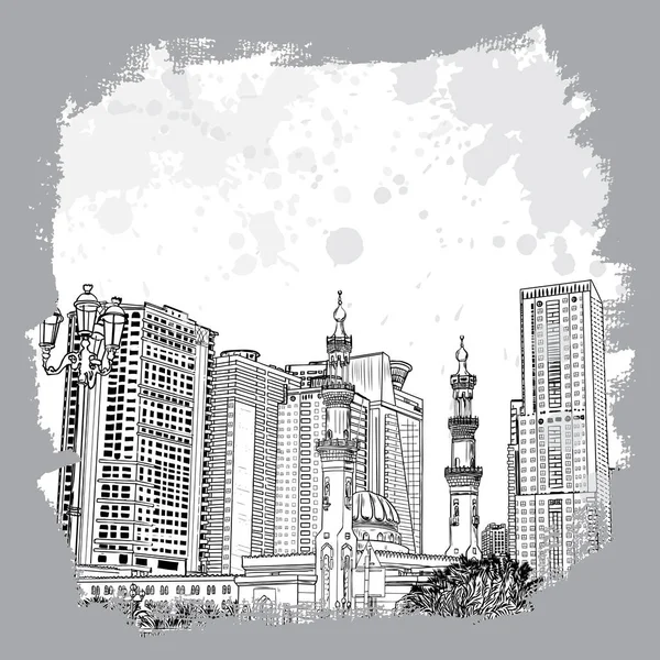 Handgezeichnete Skizze einer Moschee mit Wolkenkratzern im Dubaihafen — Stockvektor