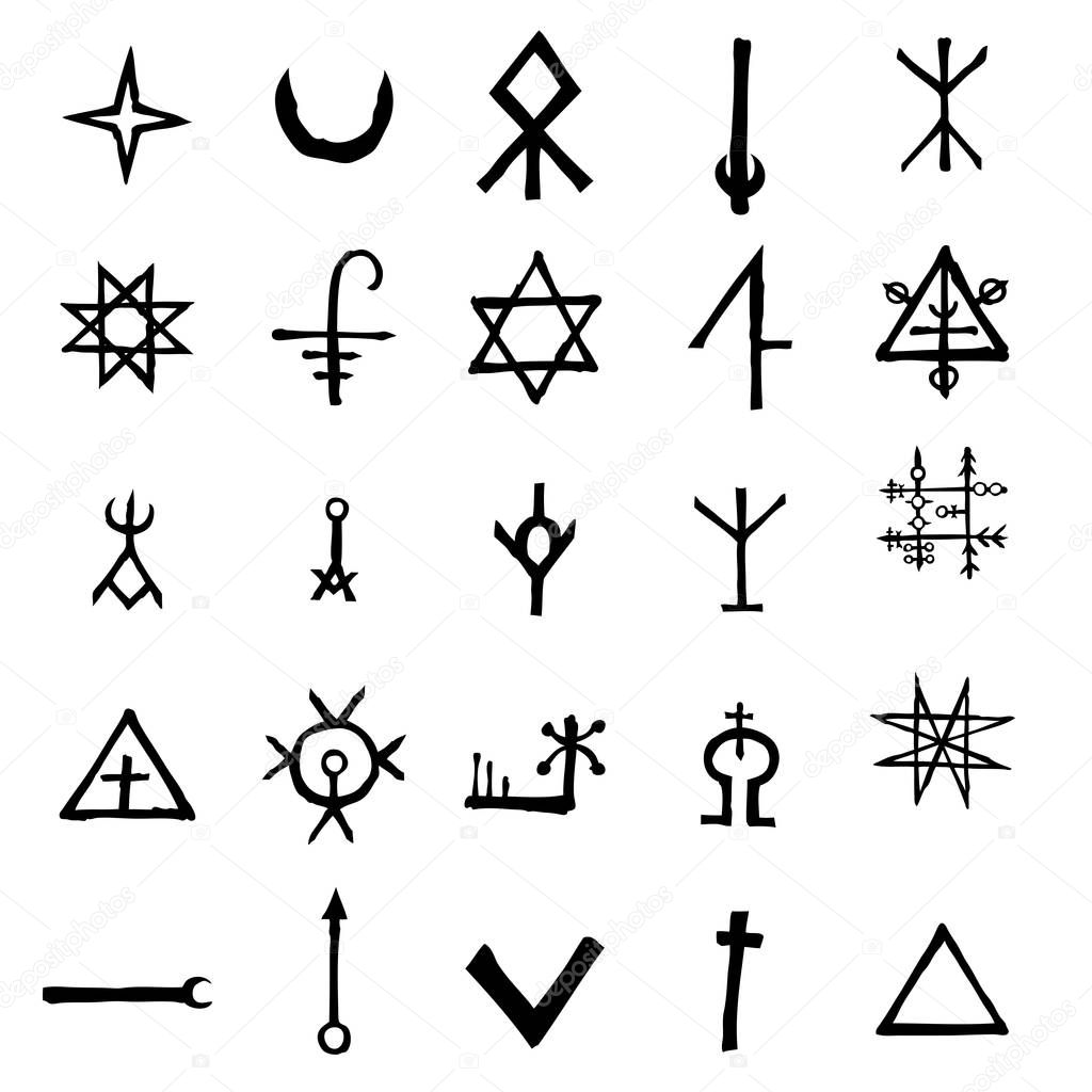 Set of alchemical symbols isolated on white background. 