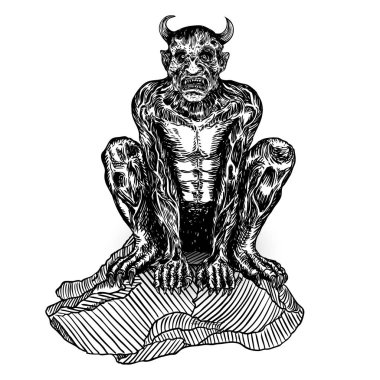 Şeytan, insan gibi canavar yaratık chimera sivri boynuzlarıyla ve