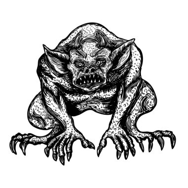 Şeytan, insan gibi canavar yaratık chimera sivri boynuzlarıyla ve