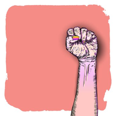 Uzay f ile grunge arka plan üzerinde sıkıştırılmış yumruk ile yükseltilmiş el