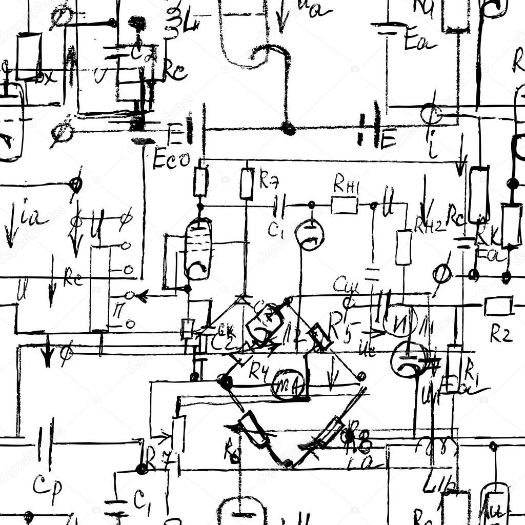 Scientific seamless texture with handwritten formulas and electr