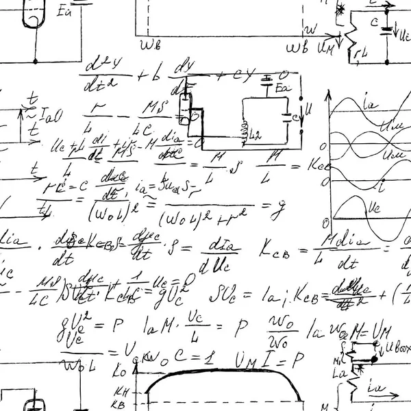 手書き数式と電気モーターと科学的なシームレスなテクスチャ — ストックベクタ