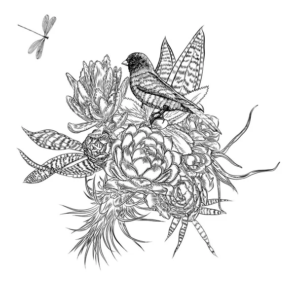 Ramo exótico con insectos y bichos volando. Flores. Floral — Vector de stock