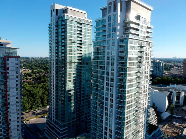 Residential skyscrapers close up skyline, aerial view of the Ame