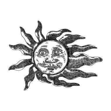 Sunrise oyma illüstrasyon. Vintage oyulmuş güneş yüzü o ile