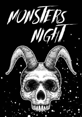 Şeytan kafatası ile Cadılar Bayramı tatil siyah kart. El ilanı 